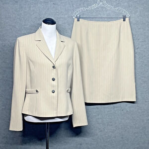 Tahari Arthur S Levine Womens 12 Cream Skirt Suit Black Pin Stripe 2 pc Career